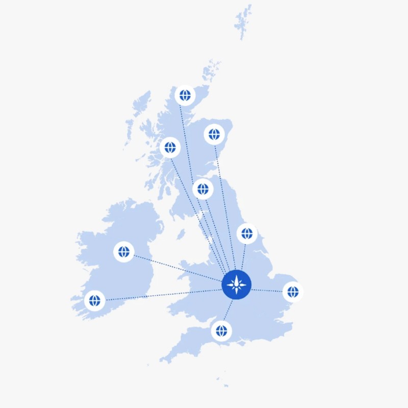 Map of the UK highlighting a central blue sailia logo with dotted lines connecting to globe icons across different regions, symbolizing connectivity.