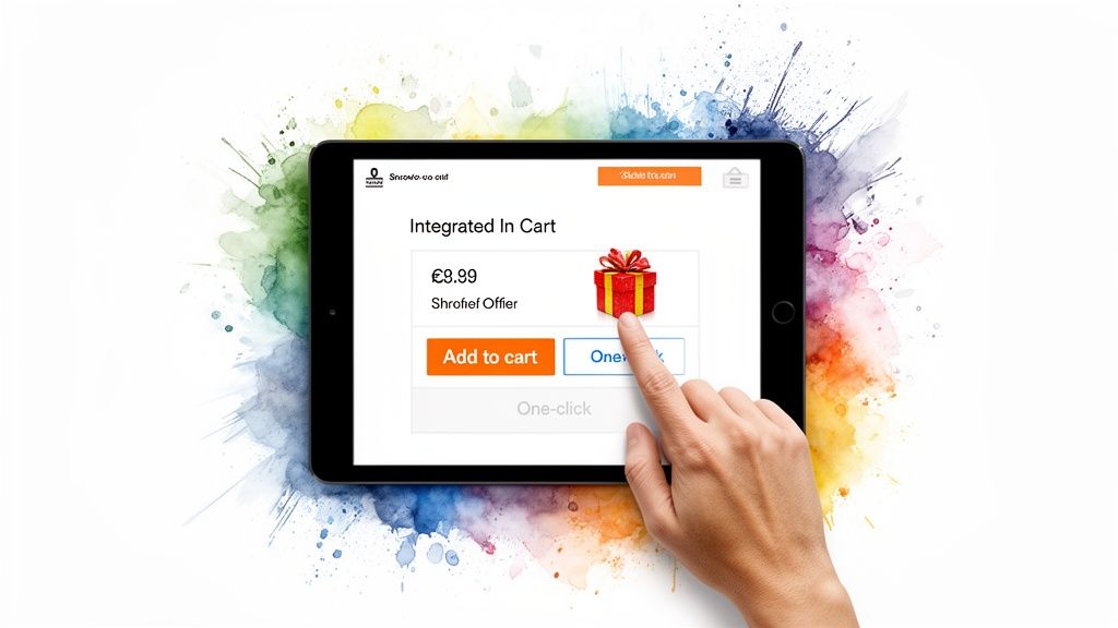 A hand taps a tablet displaying an e-commerce cart with a red gift box priced at £8.99.