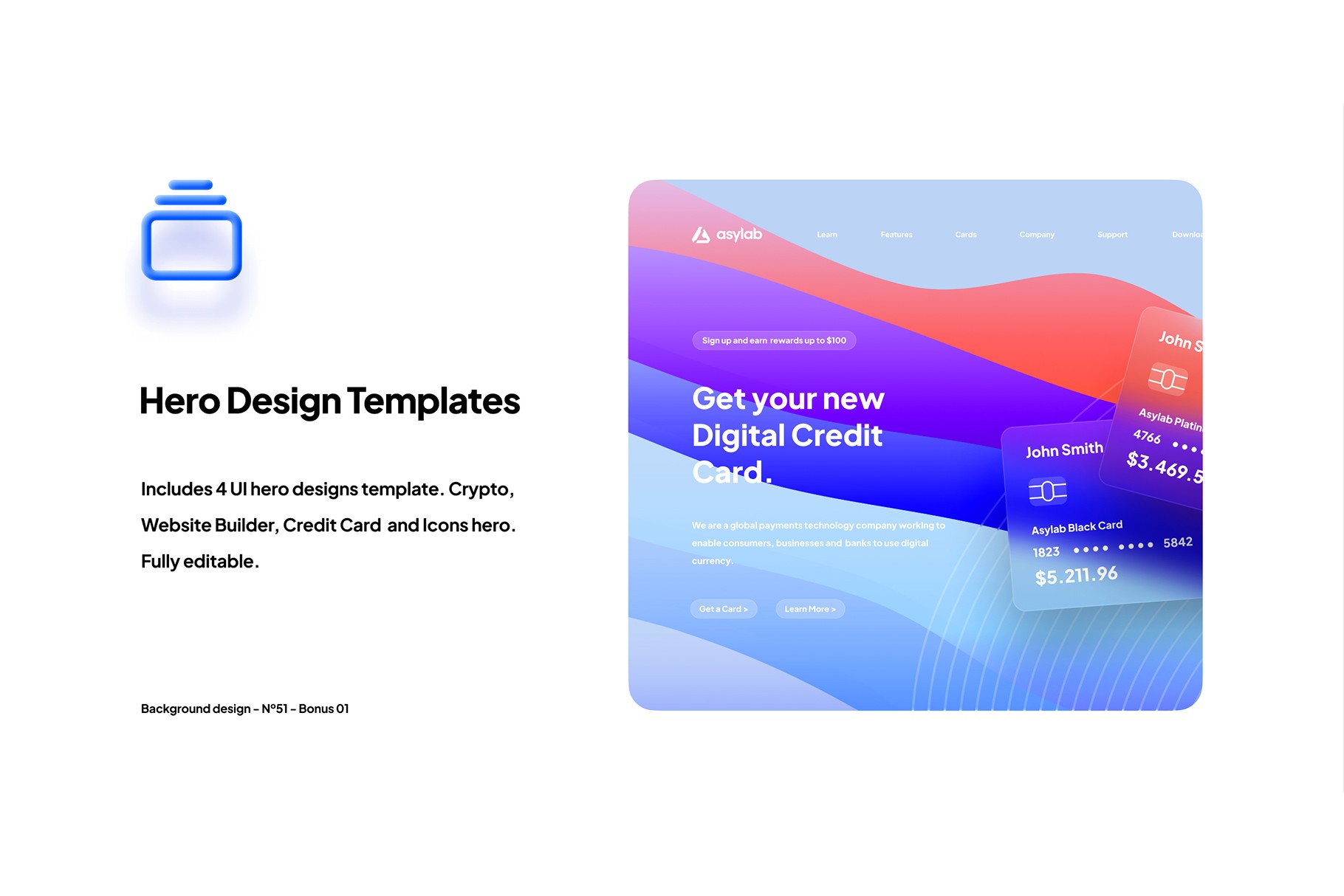 Hero design template with futuristic UI elements, showcasing a digital credit card concept with smooth wave aesthetics.