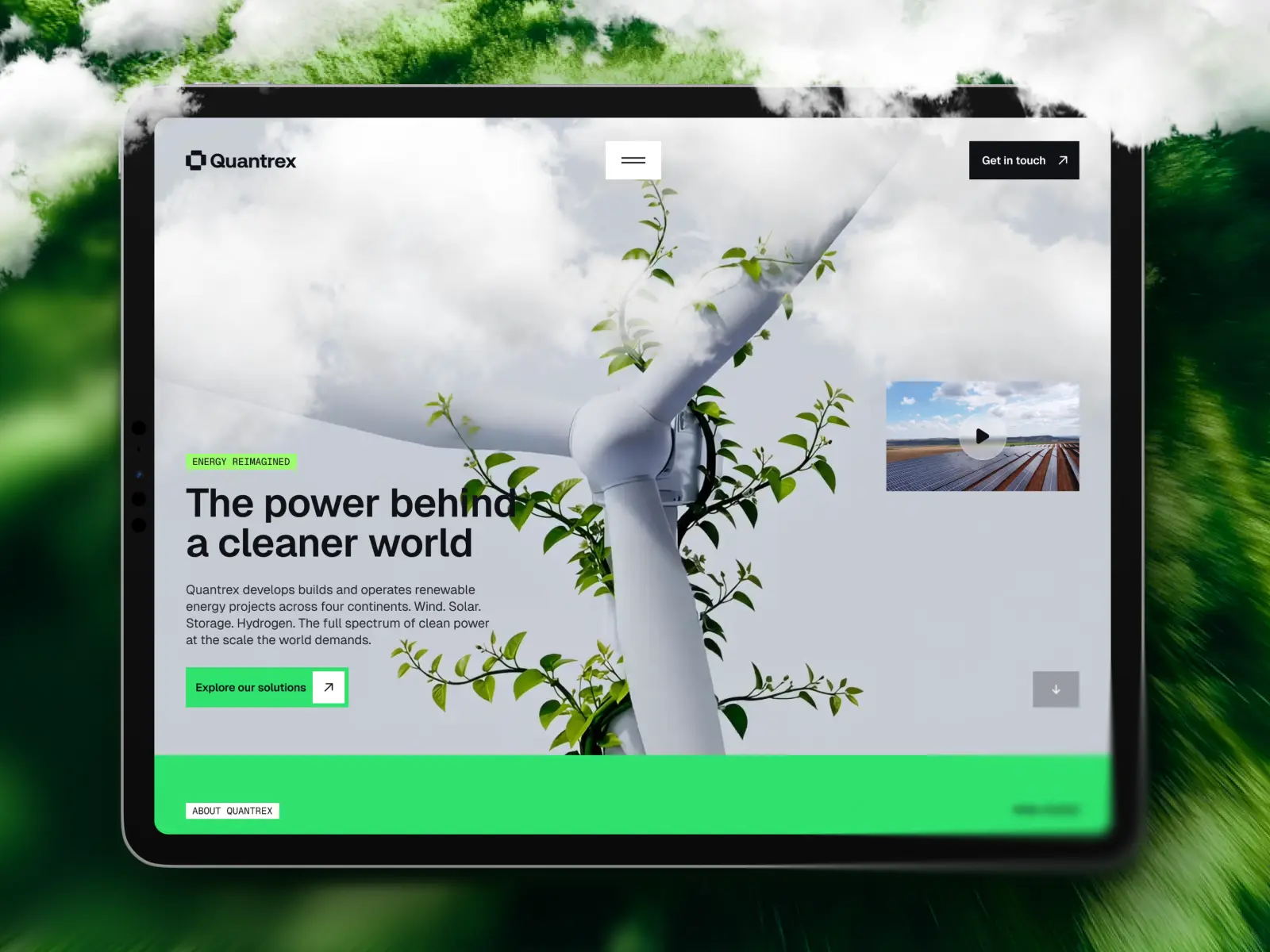 Quantrex climate-tech template featuring a renewable energy homepage with a wind turbine.