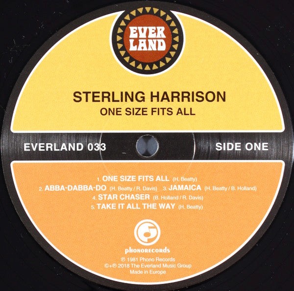 Vinyl record label for Sterling Harrison's 'One Size Fits All' with Everland branding.