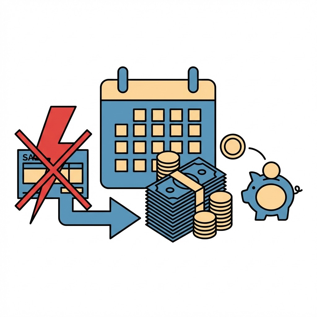 Zwei Reihen Münzen verlaufen horizontal, in der Mitte durch ein blaues Schild getrennt, links ein Dokumentensymbol, rechts ein Haussymbol mit Münze.