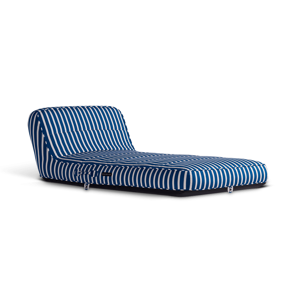 Luxury single pool float in blue-and-white stripe canvas with raised headrest and jet-black base