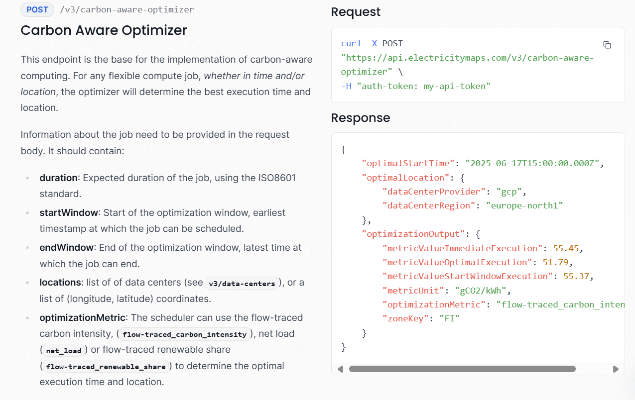 Electricity Maps' Carbon Aware Optimizer end point, along with a sample request and response