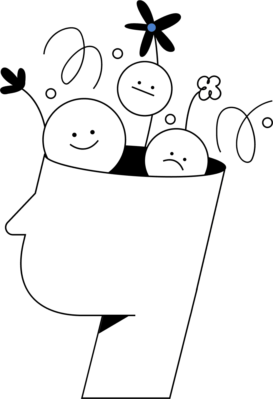 Illustration of a person with different emotions in their head.