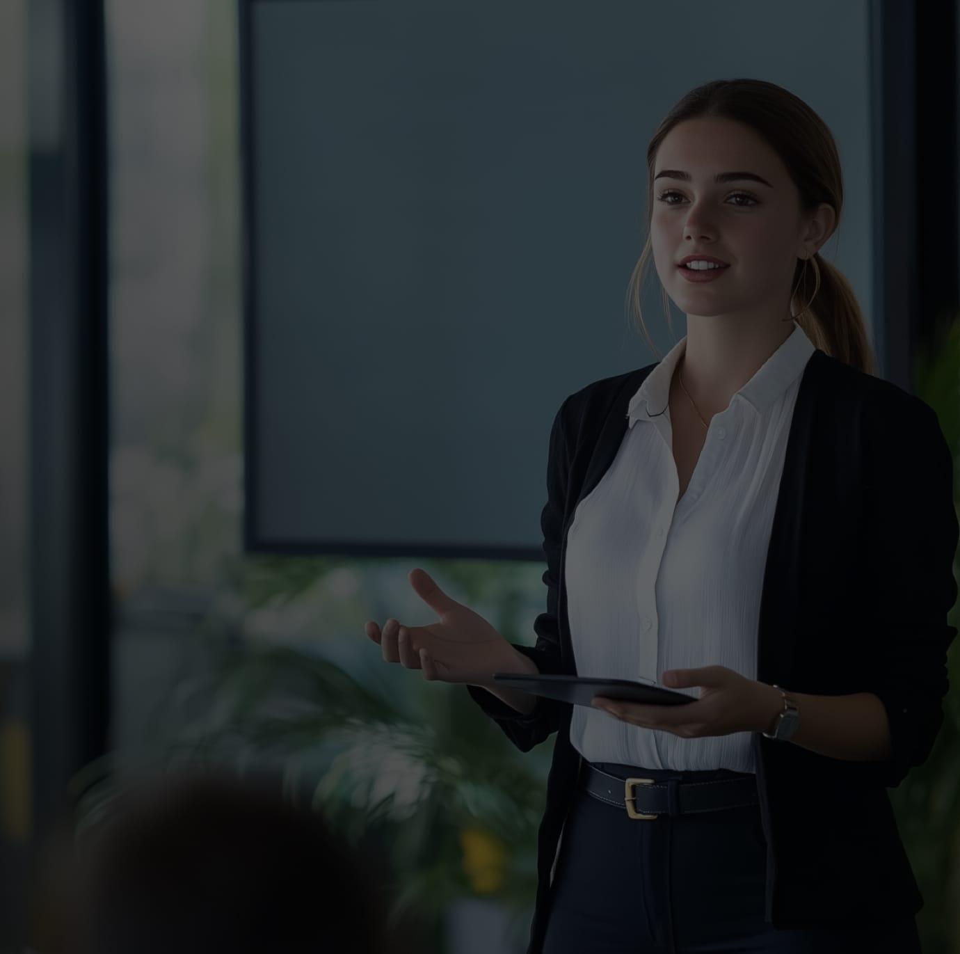 A young woman presenting an Intelligence Briefing to senior leaders