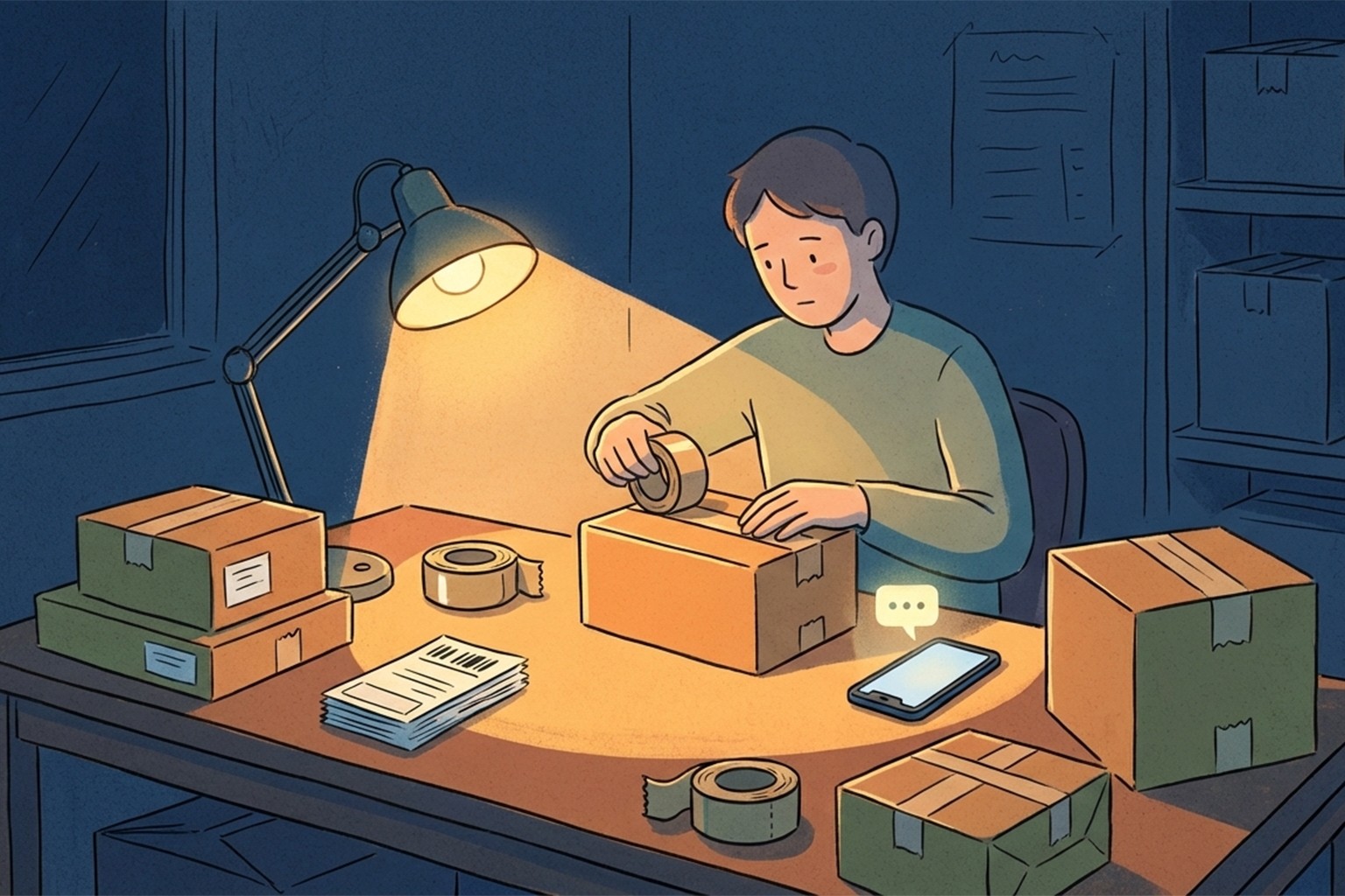 Shop owner packing orders late at night as an AI chat widget message pings on a phone