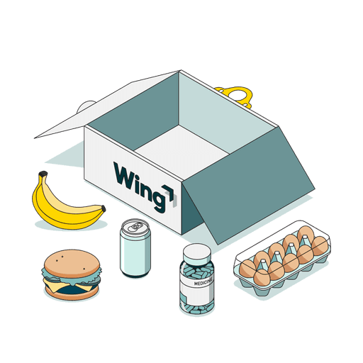 Illustration of a box labeled "Groceries" containing bananas, milk, eggs, and a small crate.