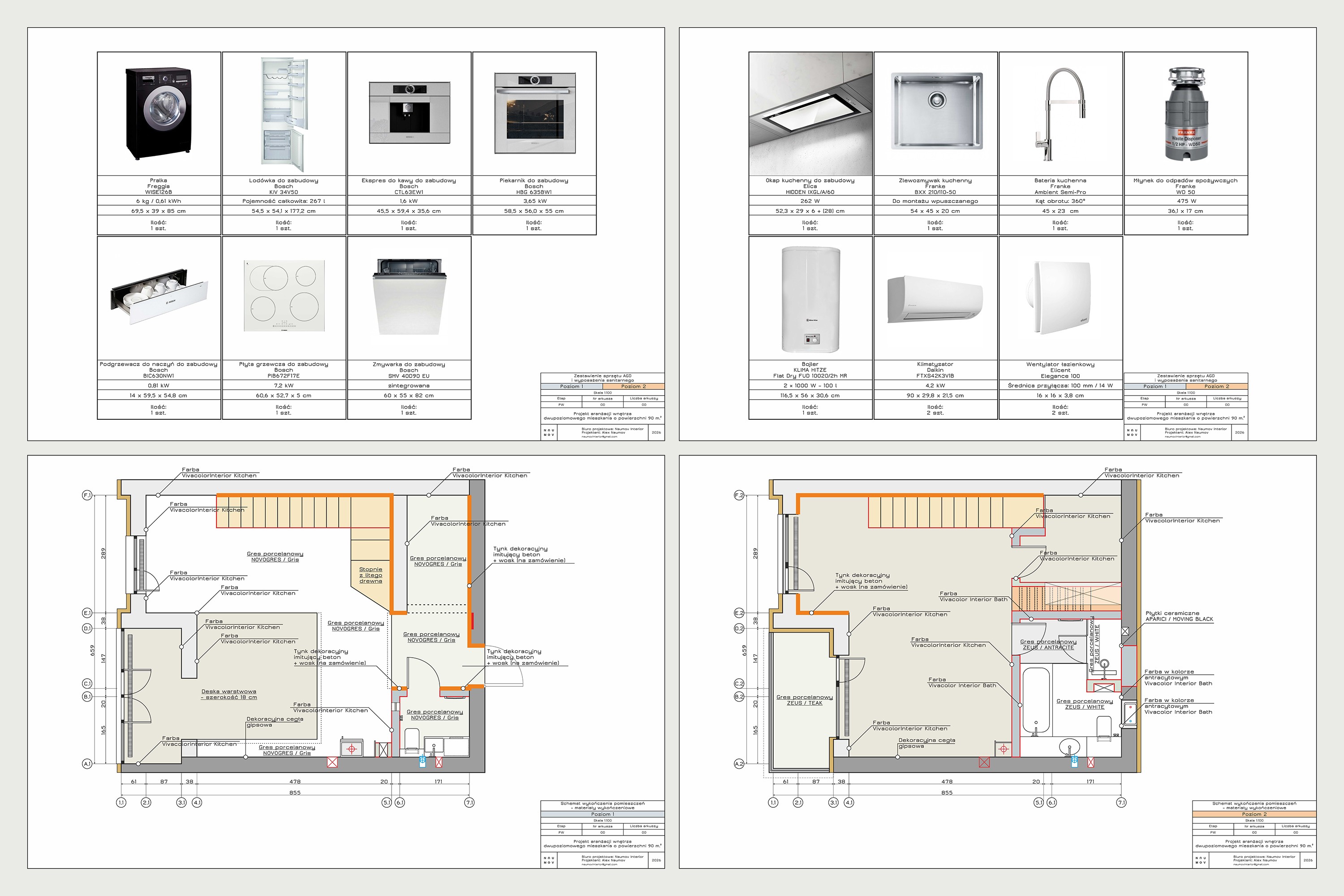 Interior design schedules for household appliances and sanitary equipment, with wall finish elevations for both floors.