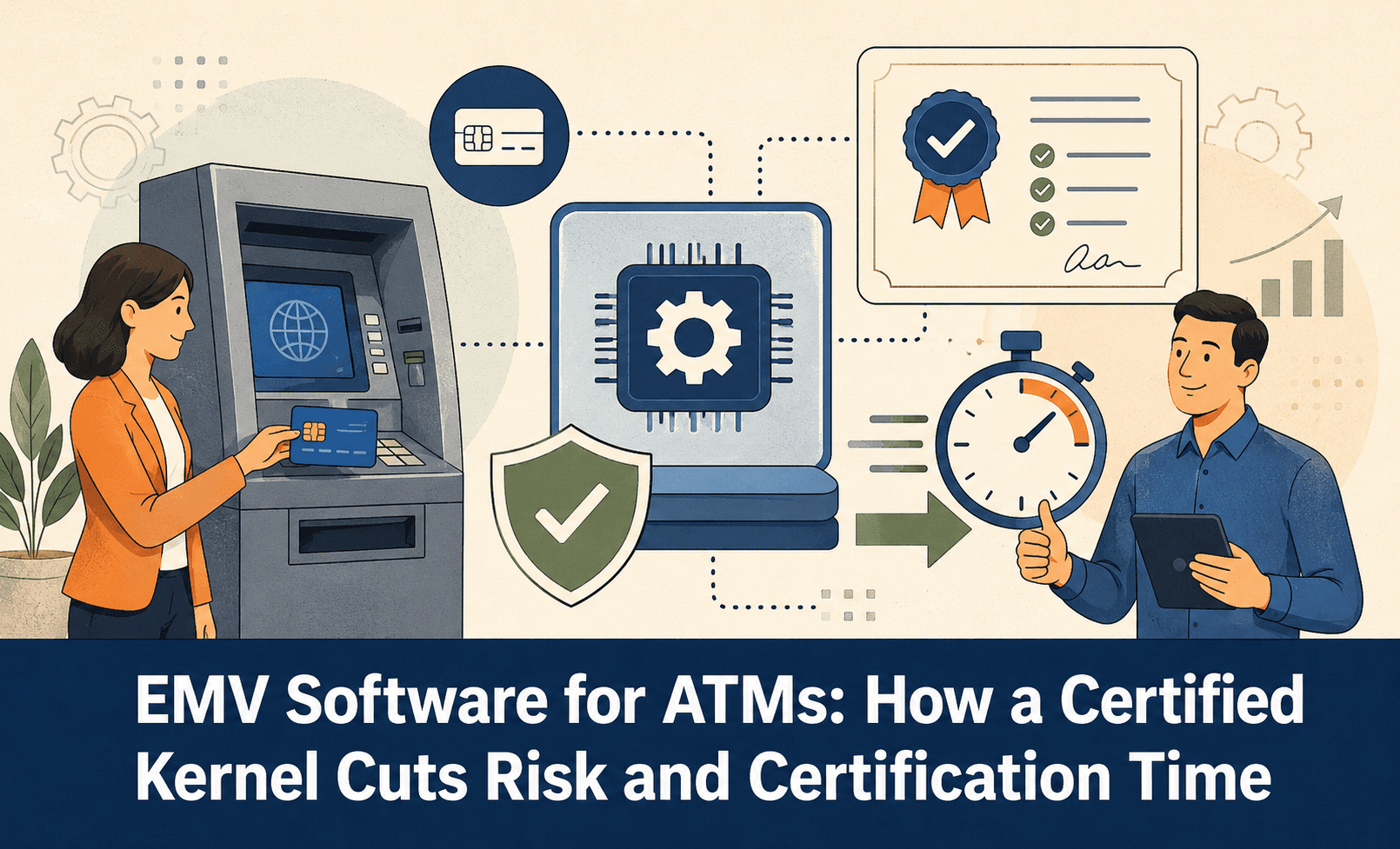 Flat-style illustration of an ATM EMV software process, showing a customer using a card at an ATM, a certified kernel module, security shield, certification document, stopwatch, and bank technology expert to represent reduced risk and faster certification.