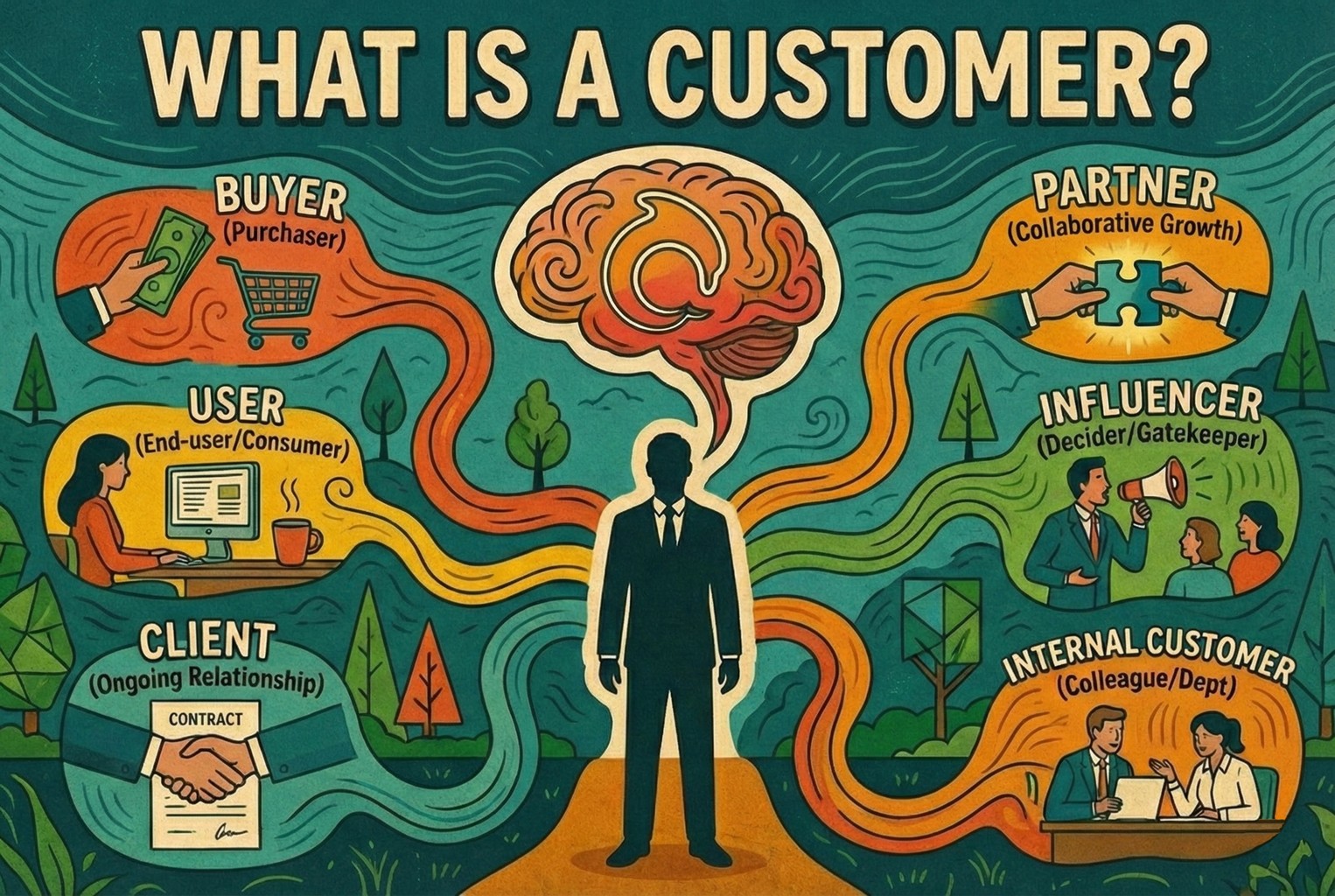 Illustration explaining what a customer is, showing different roles such as buyer, user, client, partner, influencer, and internal customer connected to a central customer concept.