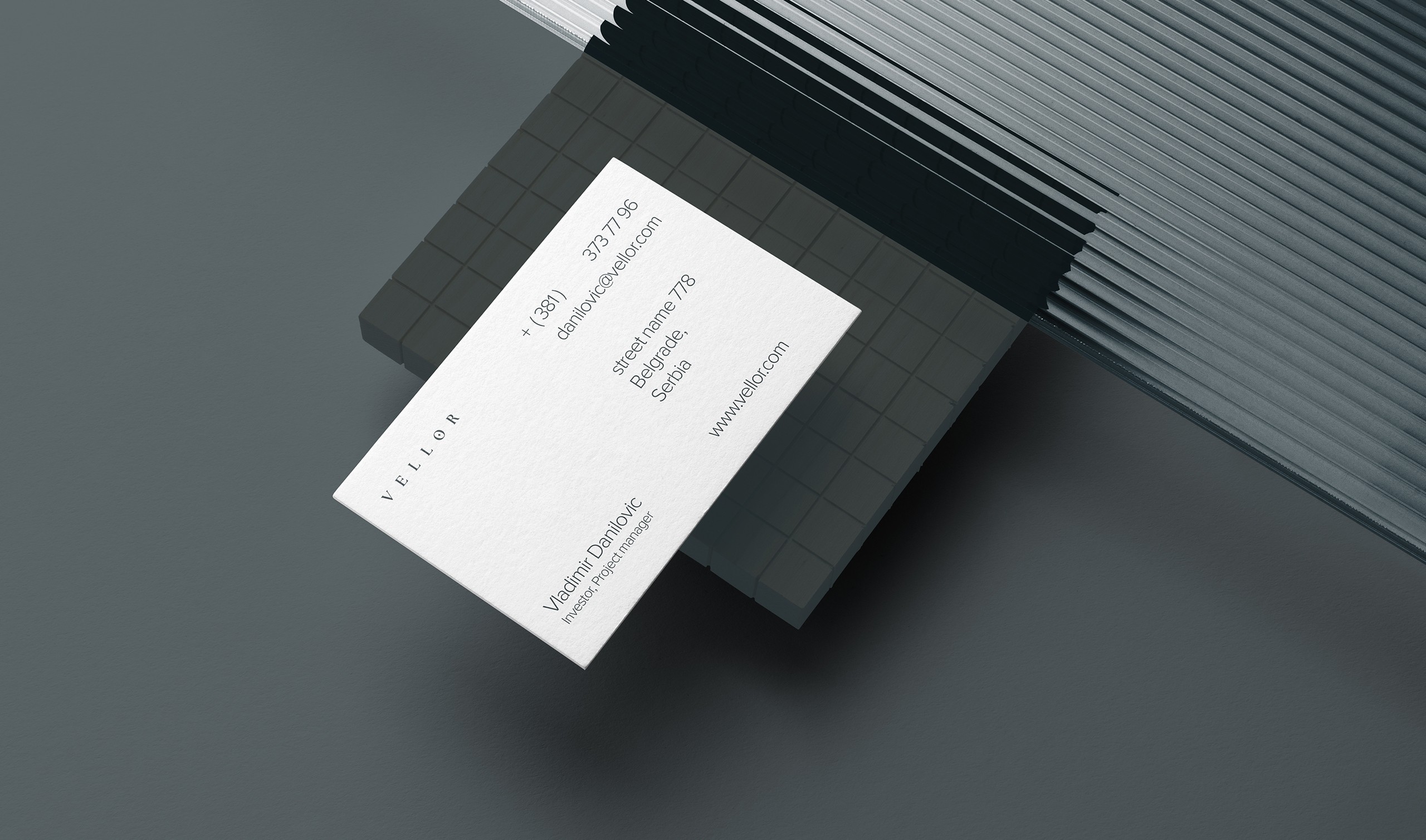 Vellor Residency brand identity — business card and stationery design luxury residential complex