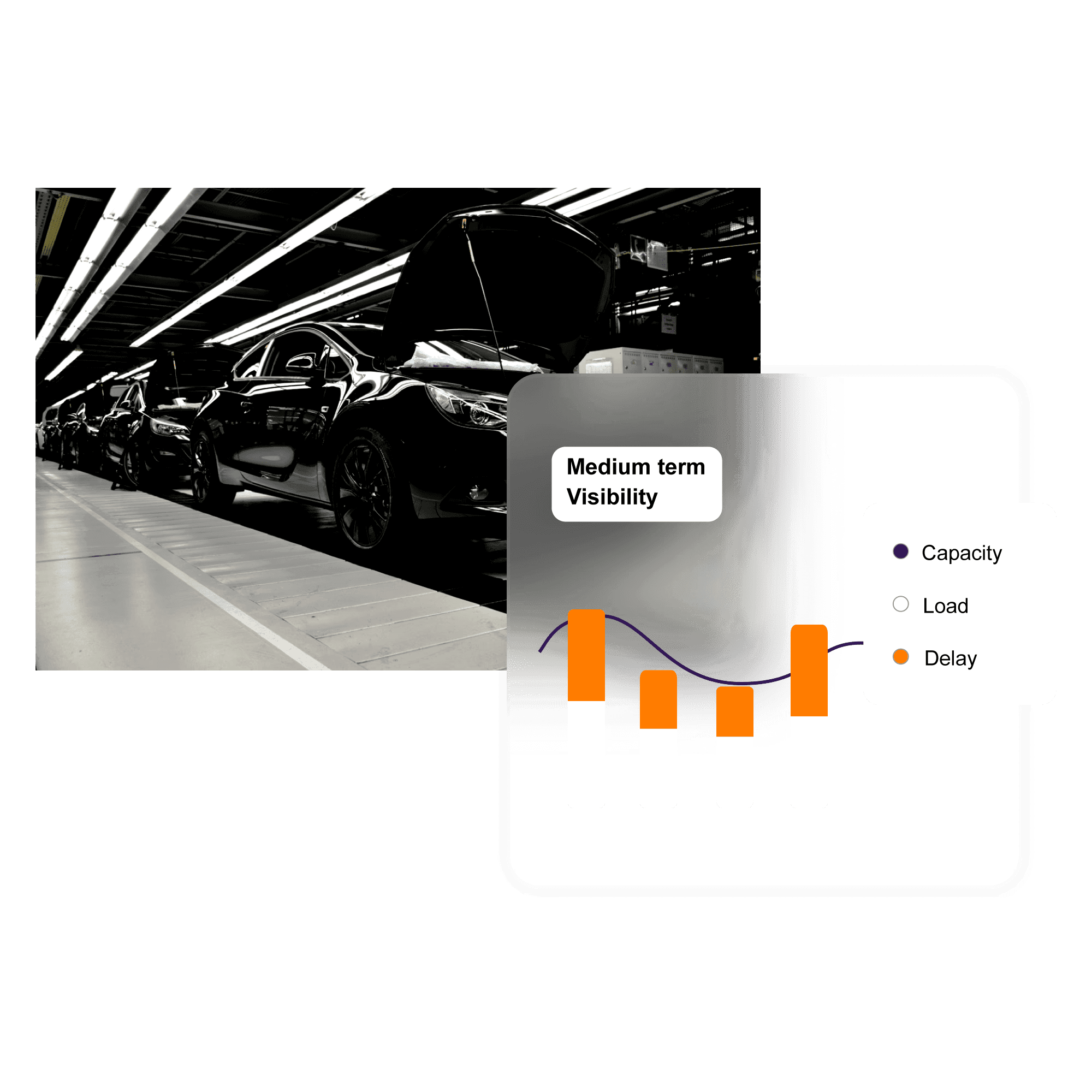 Line of chrome black cars in a factory