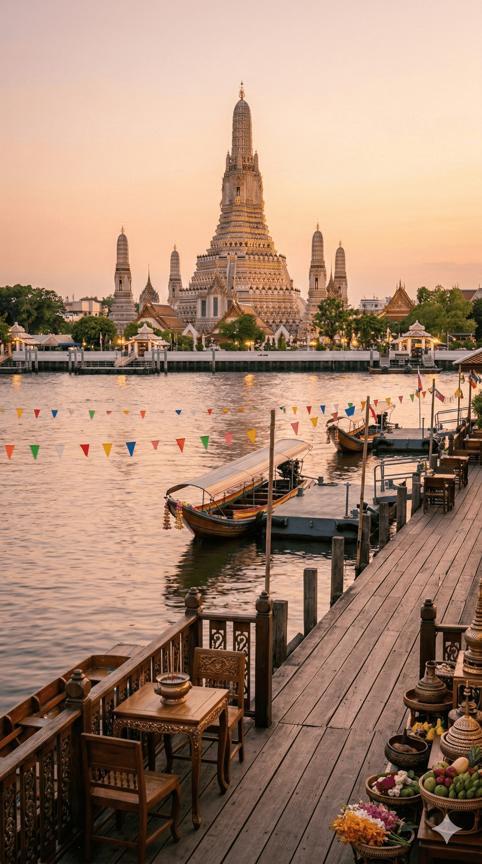 Vineyard rows under leafy foreground frame a Tuscan villa on a misty hill