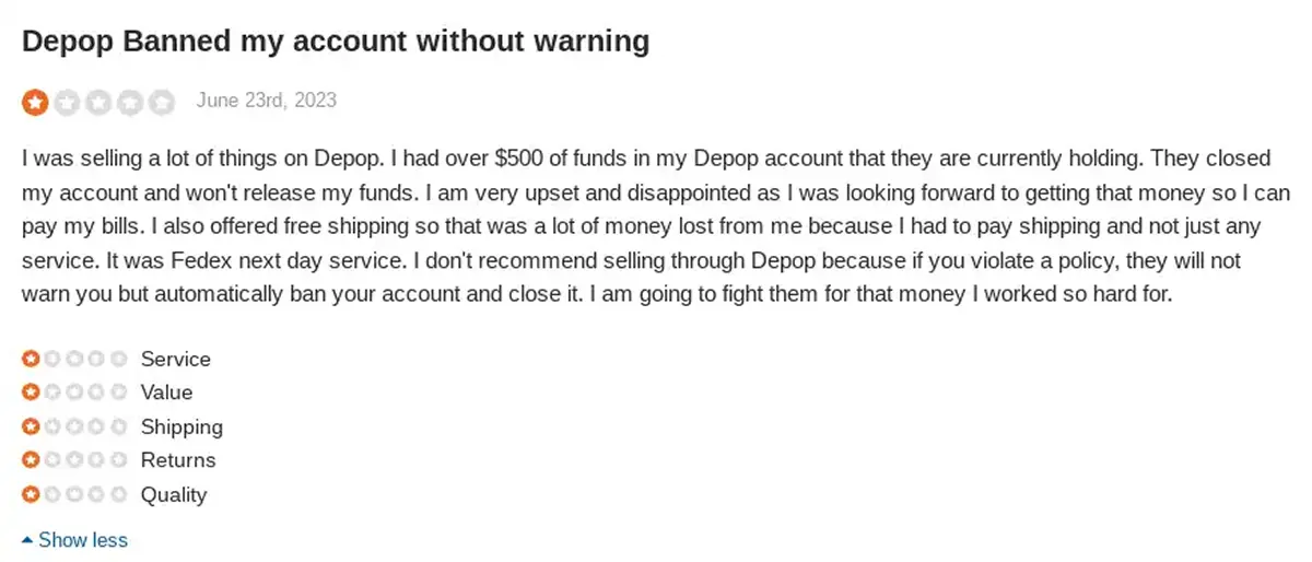 Depop Sitejabber Negative Review
