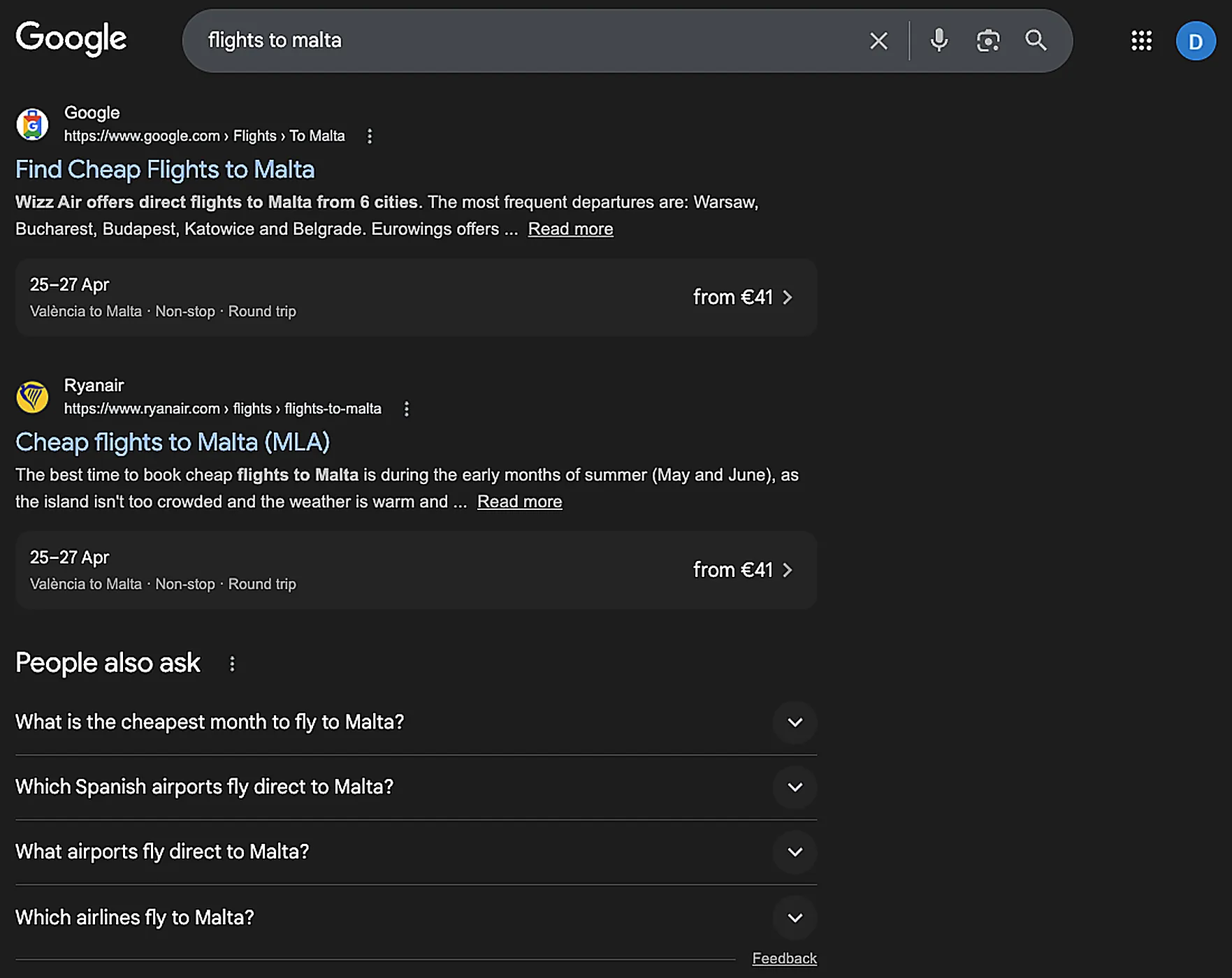 Google search results for "flights to Malta"