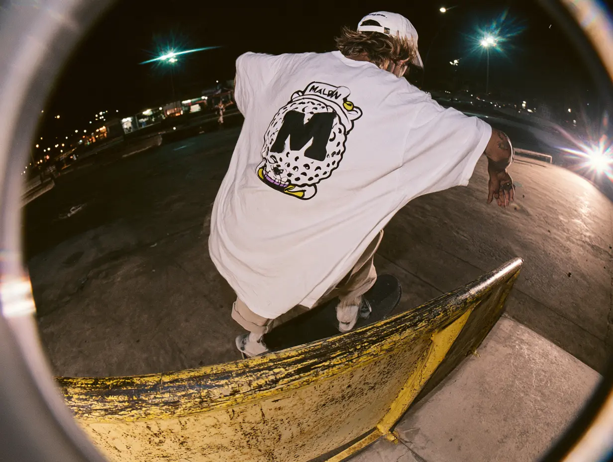 Skateboarder in an oversized white Malbon graphic tee grinding a ledge at a floodlit skatepark at night, premium lifestyle fashion streetwear