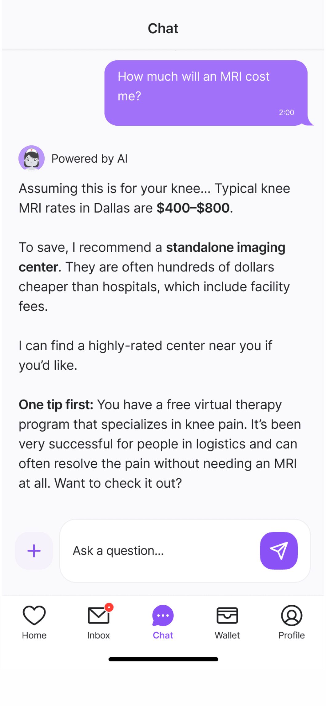 Joy AI chat on mobile answering a member's question about MRI cost in Dallas with a price range and a recommended in-network provider.