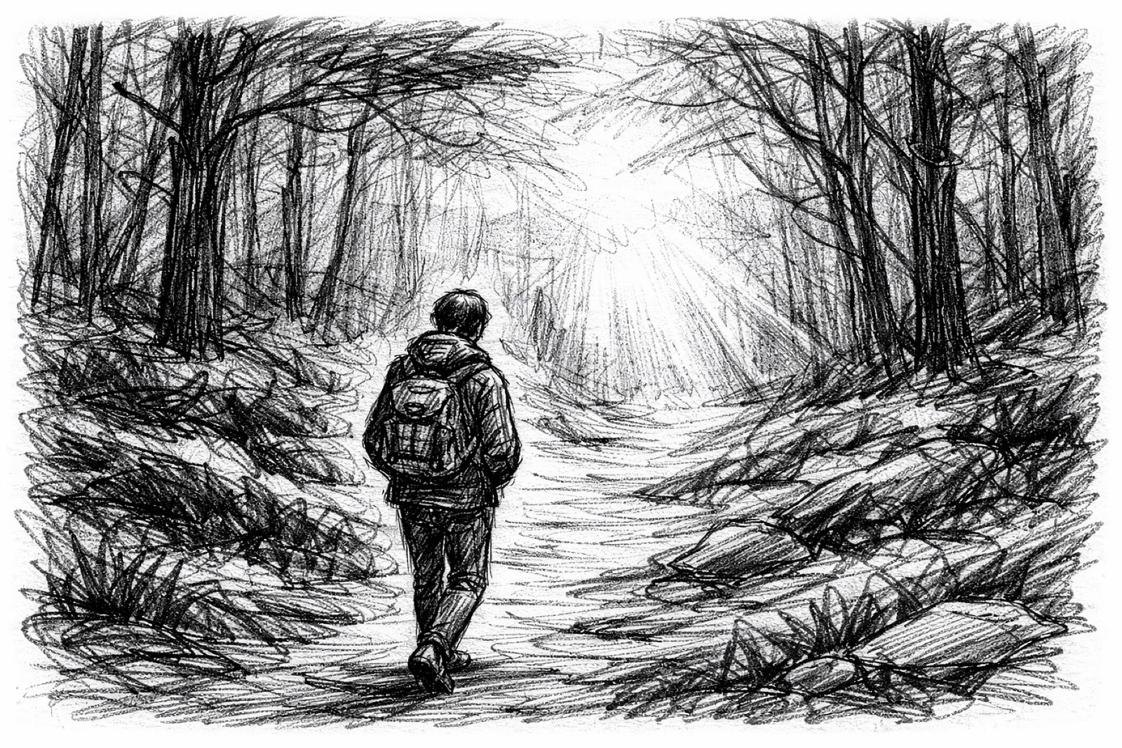 Hand drawn black and white sketch of a man walking alone through a dense forest, surrounded by tall trees, suggesting uncertainty and searching for direction.