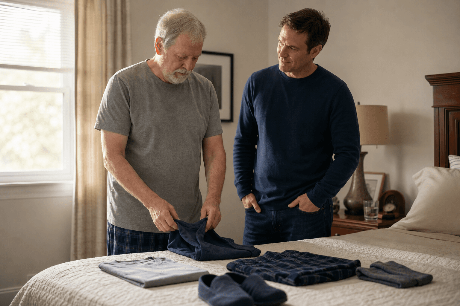 This image depicts an elderly man folding a dark-colored shirt on a bed while a younger man looks on with a supportive expression. The scene takes place in a bedroom with natural light coming through the window. Various clothing items and slippers are neatly arranged on the bed. The younger man, dressed in a navy blue sweater and jeans, stands next to the elderly man, who is wearing a gray t-shirt and plaid pajama pants. The image illustrates caregiving, family support, or daily living activities relevant to elder care or intergenerational interaction.