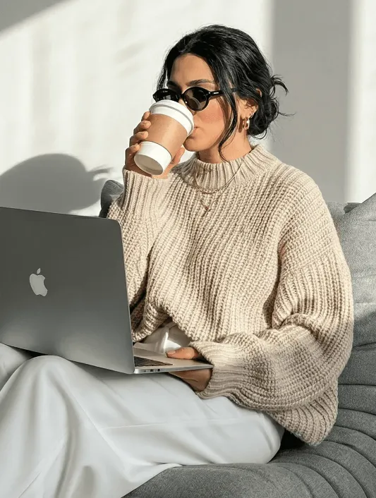 Woman in a beige turtleneck by an old computer and TV, retro 80s office portrait.