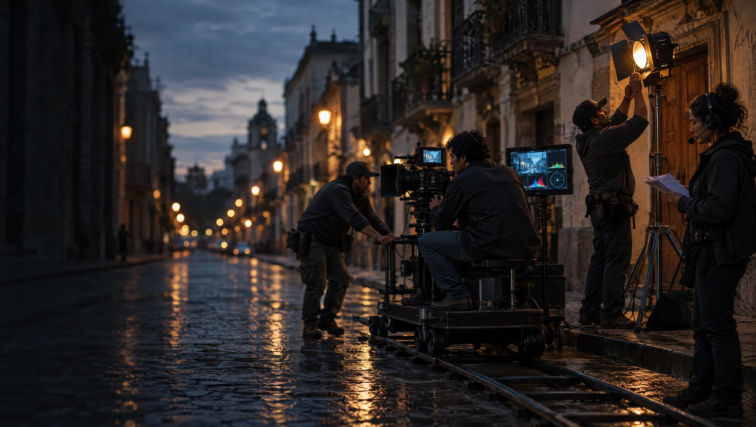 Equipo de rodaje trabajando en una calle empedrada al atardecer: cámara sobre dolly, un eléctrico ajusta una luz y una asistente lee el guion