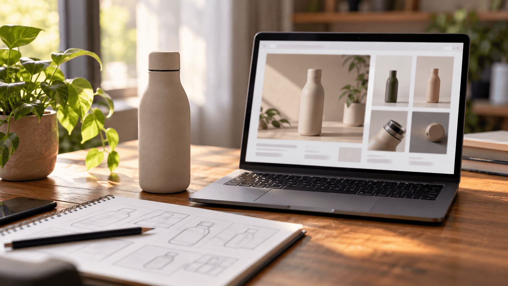 Laptop on a wooden desk showing a product page layout next to a ceramic bottle and a sketch notebook