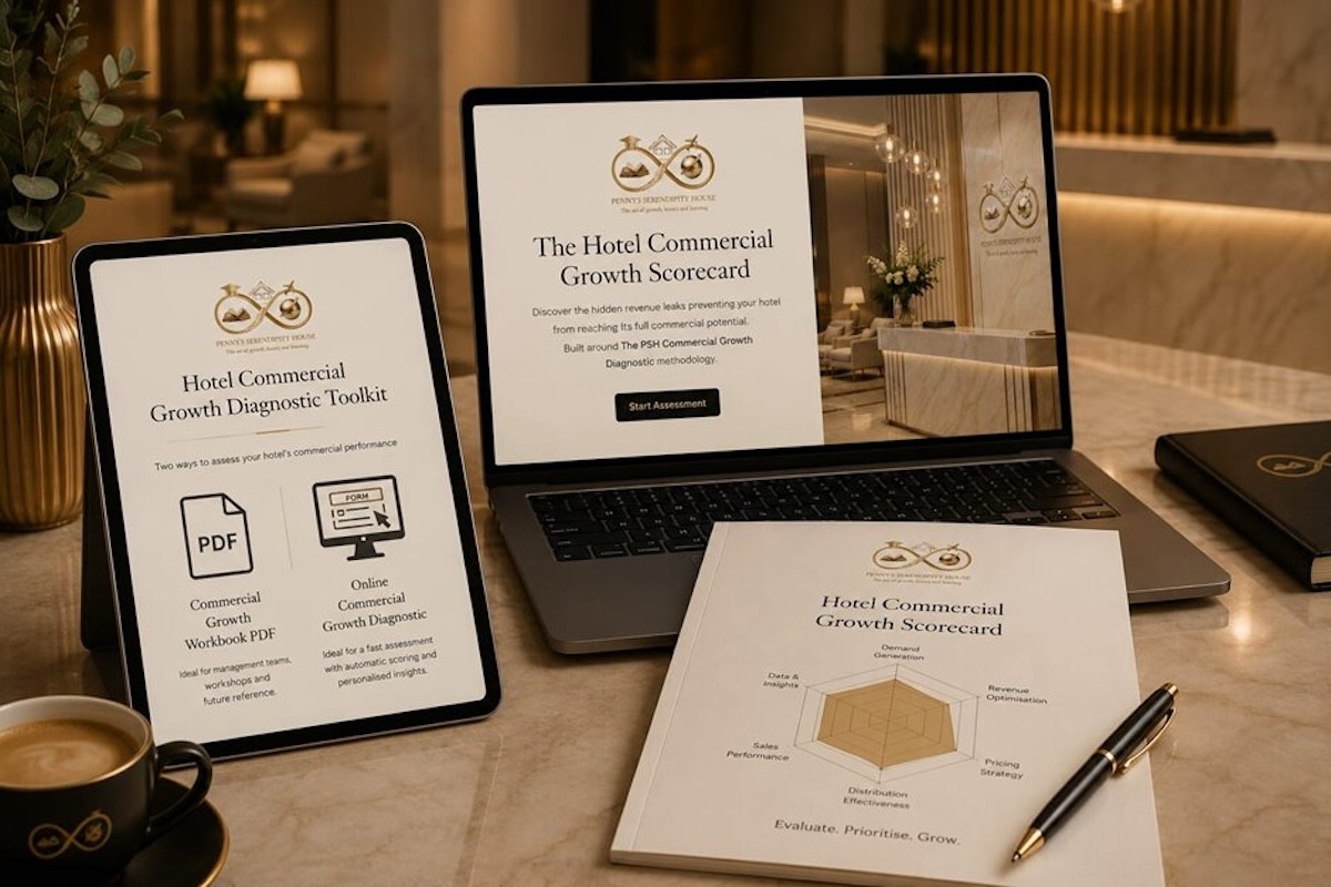 PSH Hotel Commercial Growth Diagnostic Toolkit displayed on a tablet, laptop, and printed scorecard.
