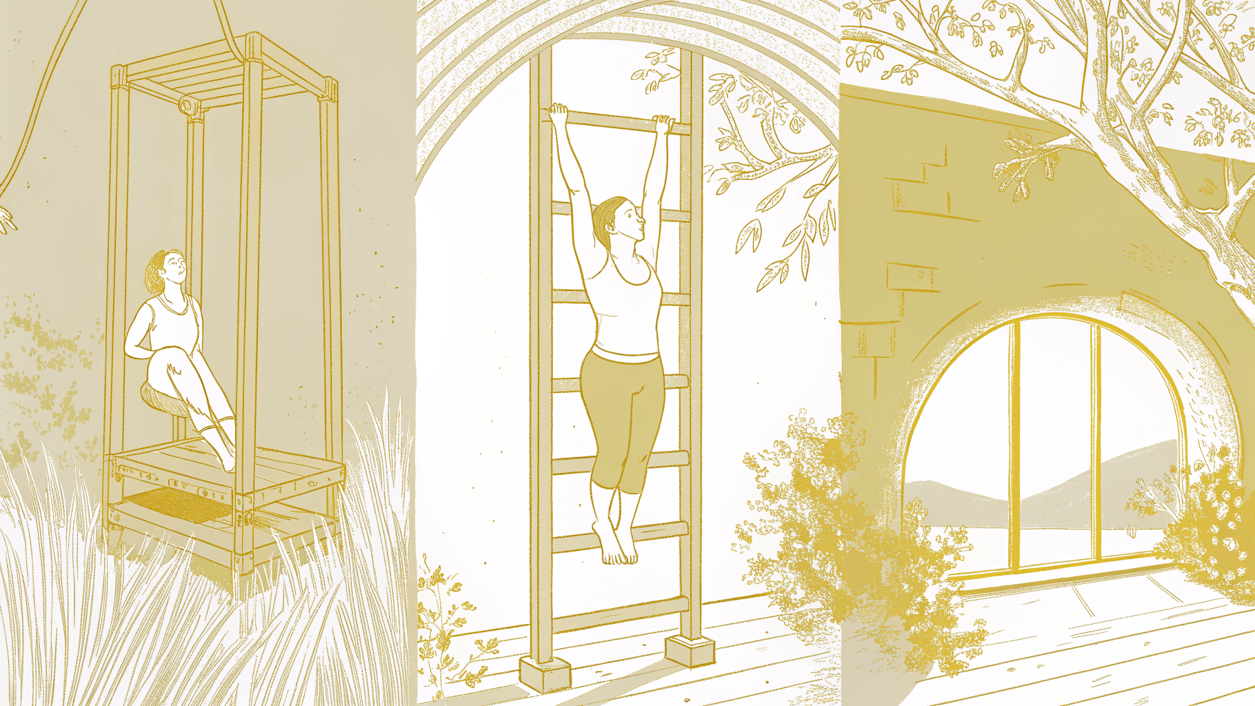 Tower spinal traction, Reformer lower-body drive, and shared Pilates benefits shown as triptych