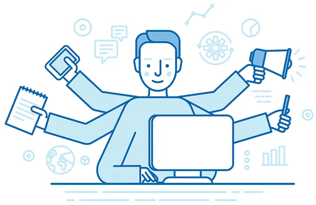 A blue line-art illustration of a multi-armed businessman at a desk with a computer, juggling various tasks like holding a phone, notepad, megaphone, and pen, with icons of communication and analytics in the background, symbolizing multitasking and efficiency in the workplace.