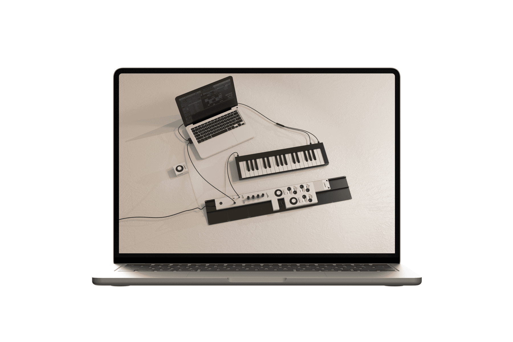 Laptop displaying a pixelated creative workspace setup with music production equipment and a digital interface.