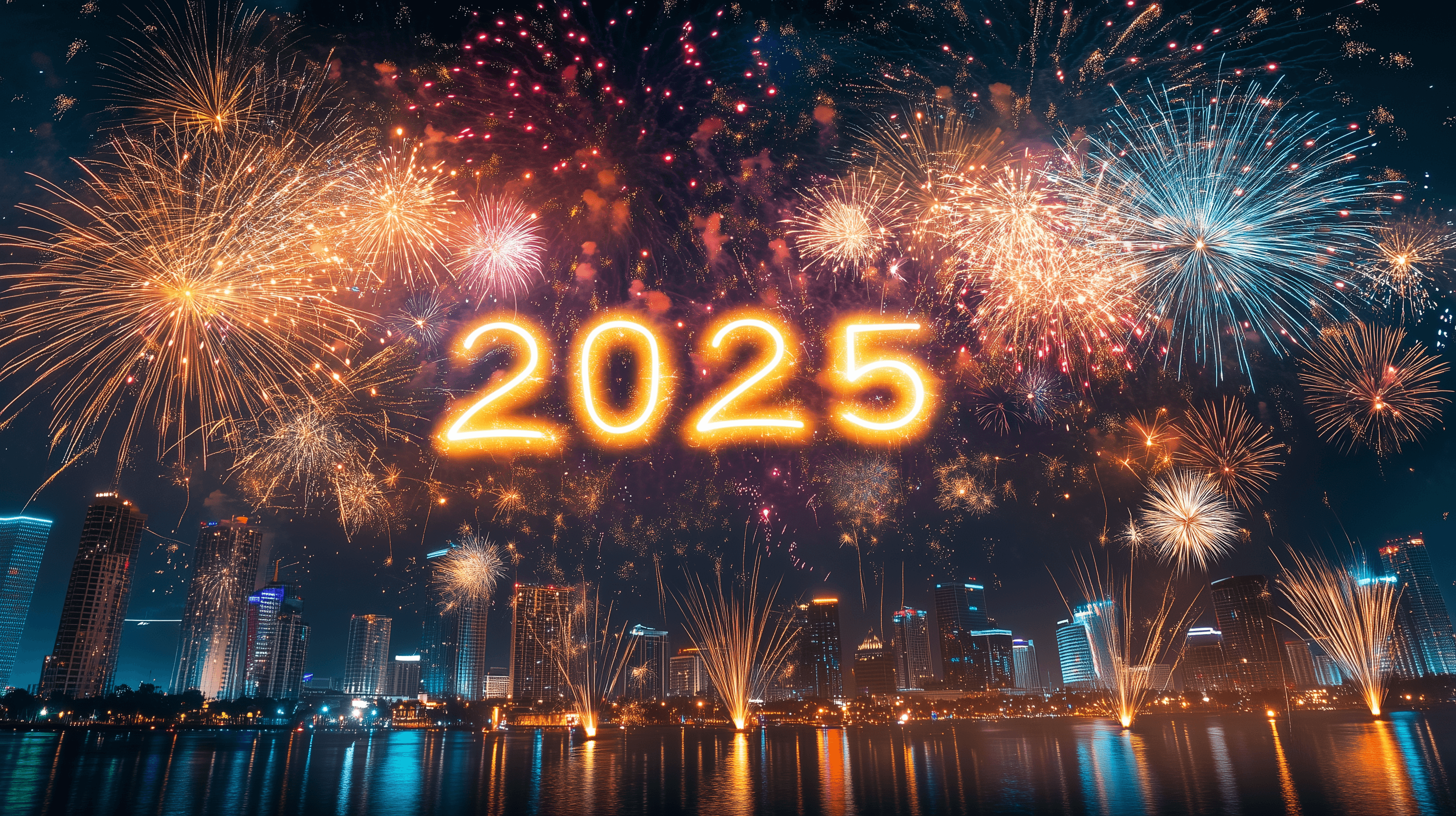 A picture of fireworks and the numbers "2025"