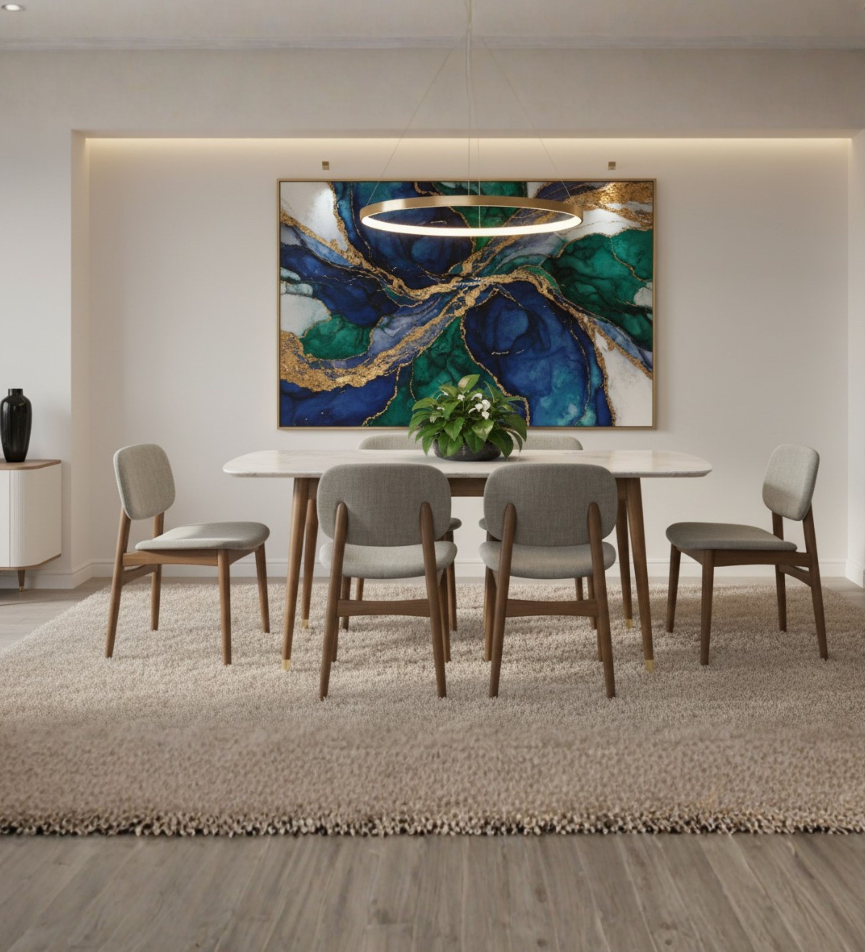 Rounded dining table with light upholstery chairs arranged for relaxed family dining