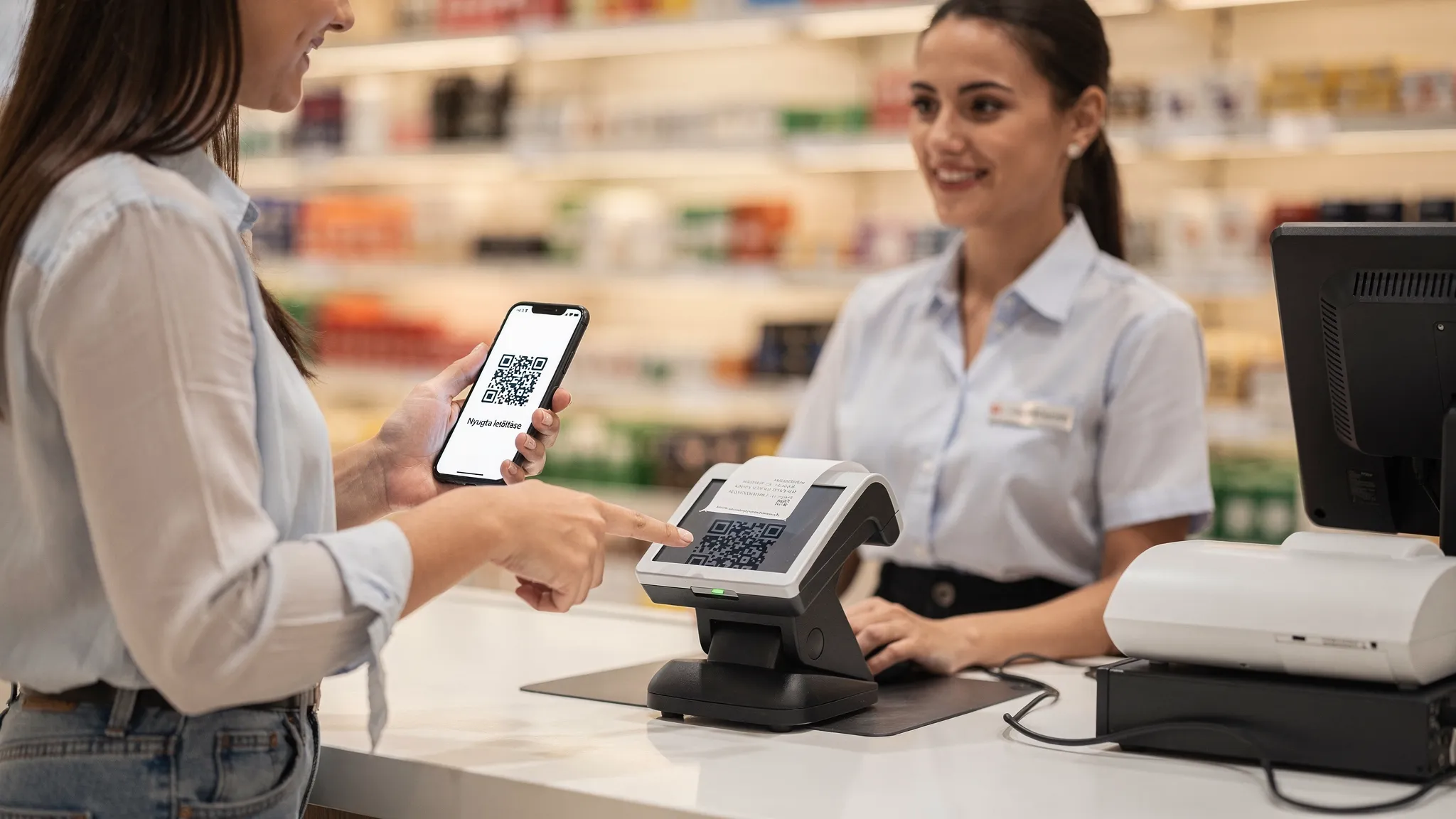 Kiskereskedelmi pultnál fizető vásárló és pénztáros jelenete, ahol a vevő a blokk helyett egy QR-kódot olvas be a telefonjával az elektronikus nyugta átvételéhez. A telefon képernyője a néző felé fordul, és csak egy egyszerű QR-kód és „Nyugta letölté...