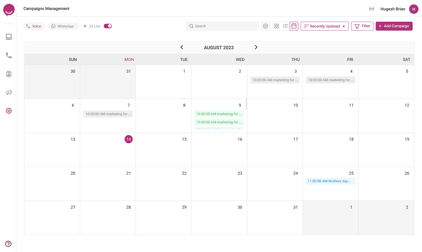 Calendar view — plan campaigns around calling windows