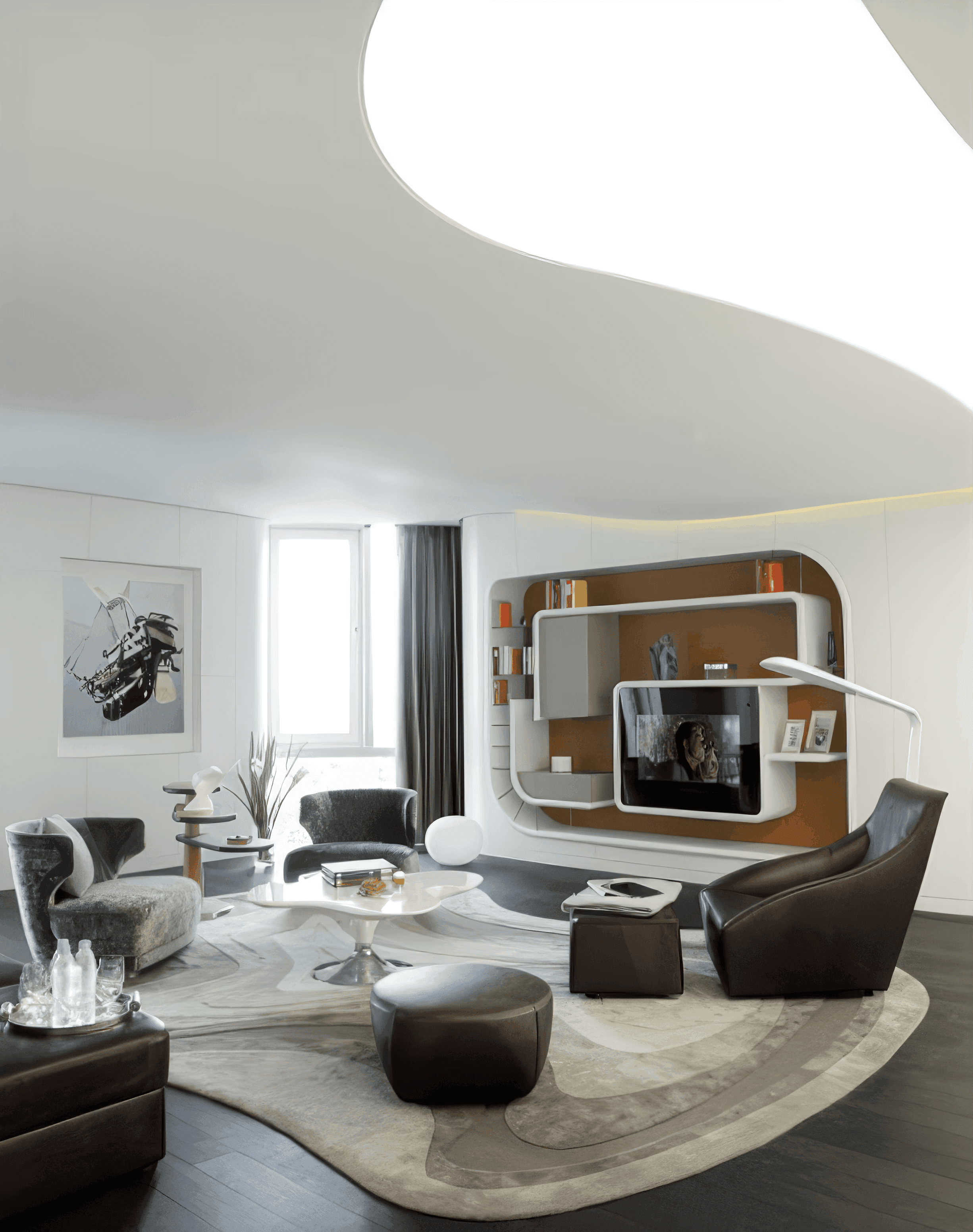 MW Interior  - Penthouse-Wohnzimmer mit organischer Spanndecke, maßgefertigtem TV-Regalmodul und gemischter Sitzgruppe auf Designerteppich" Im Zentrum des Raums steht eine Sitzgruppe aus dunkelbraunen Ledersesseln, grauen Polsterstühlen und einem runden weißen Couchtisch auf einem freigeformten Teppich in Beige-Grau. Die Rückwand wird von einem raumhohen Einbaumodul mit TV, Regalen und ockerfarben hinterleuchteten Flächen dominiert. Die Decke zeigt eine frei geschwungene, großformatige Lichtform als prägendes Gestaltungselement.
