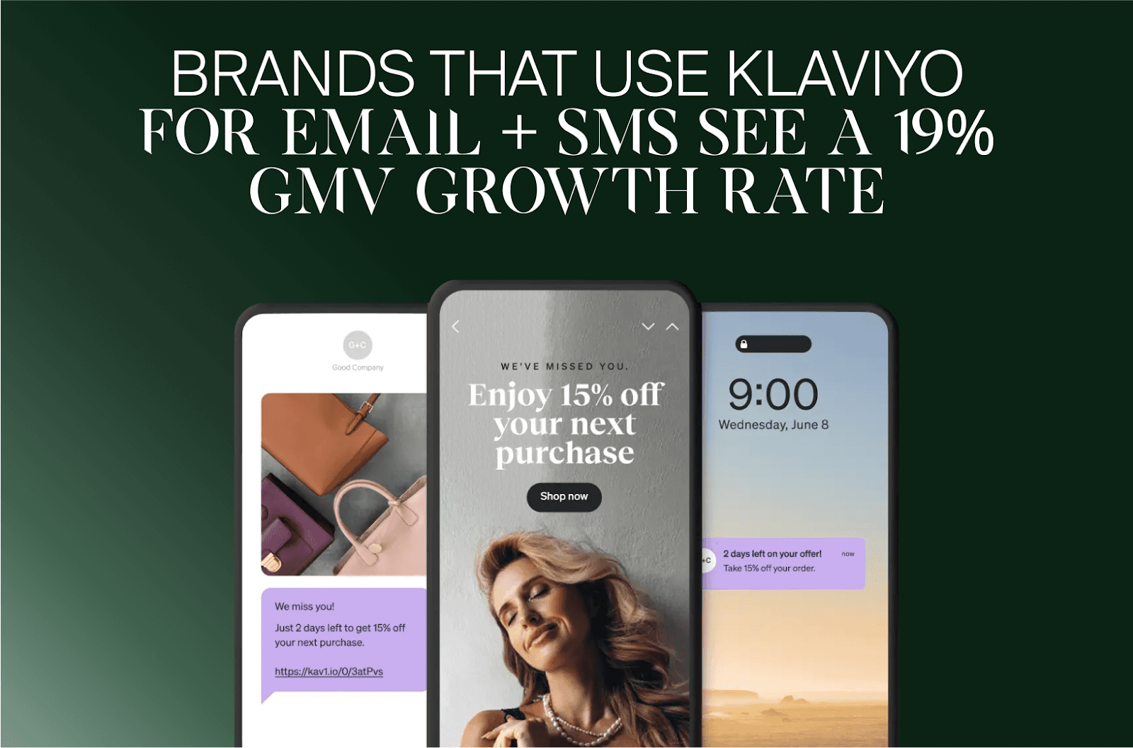 Klaviyo email and SMS examples on phones, with a claim of 19% GMV growth