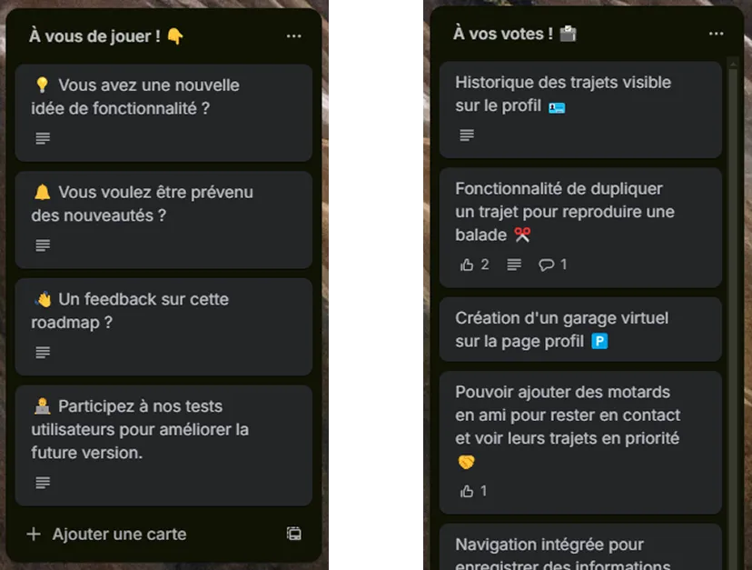 Colonnes À vous de jouer et À vos votes du tableau collaboratif On Wheels permettant de soumettre des idées et voter pour les priorités.