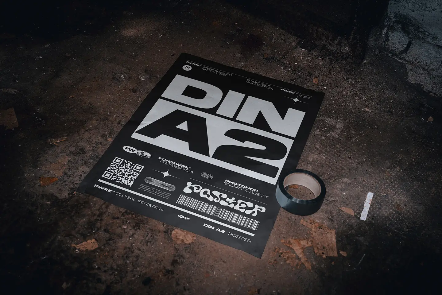 Basement A2 poster mockup with dark poster artwork and dramatic basement lighting