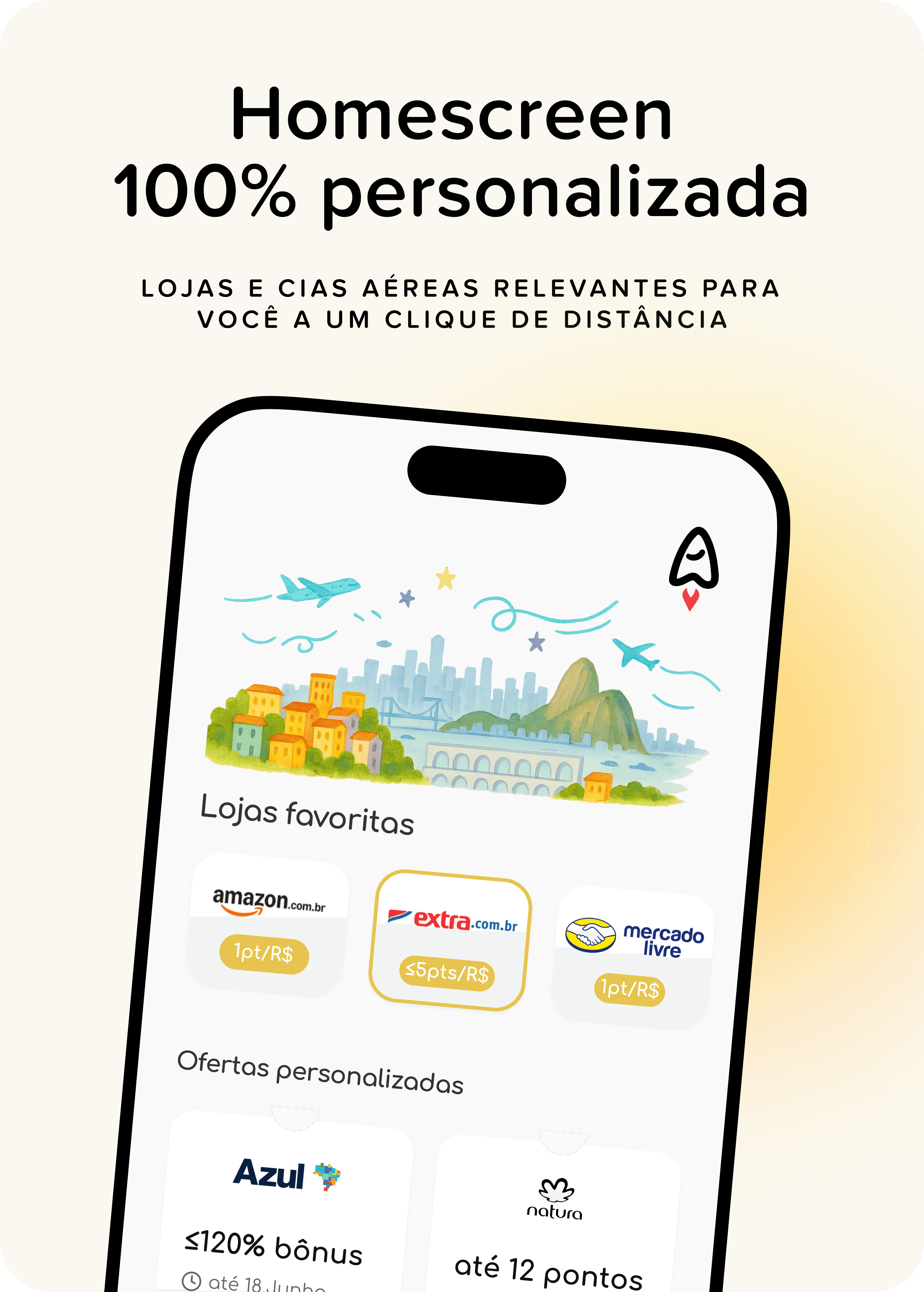 Imagem do Acelera Pontos mostrando como transformar compras bonificadas em pontos, milhas e viagens, com a frase ‘Transforme suas compras em viagens’, a tela do app exibindo lojas parceiras como Amazon, Extra e Mercado Livre, e ofertas personalizadas como bônus da Azul e até 12 pontos por real na Natura.