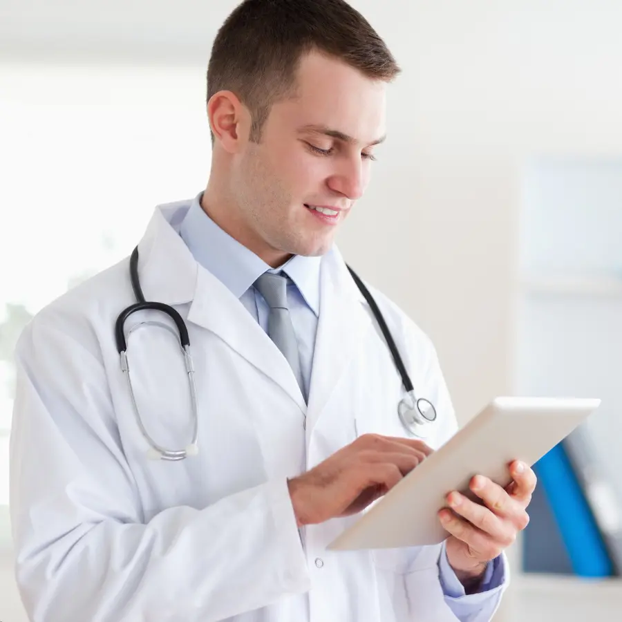 AI for medical documentation assisting a doctor using a tablet to record patient information efficiently