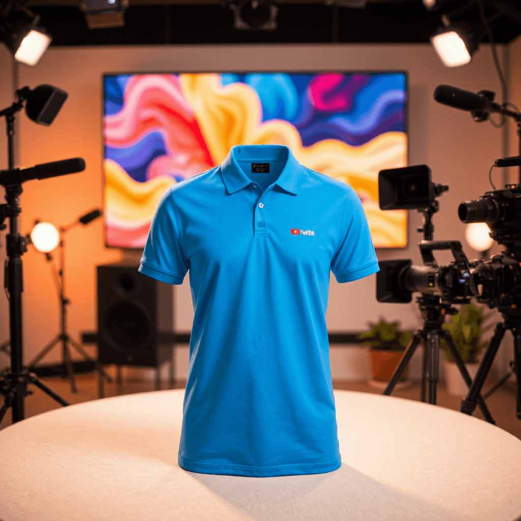 product photography of a polo shirt with a colorful graphic design