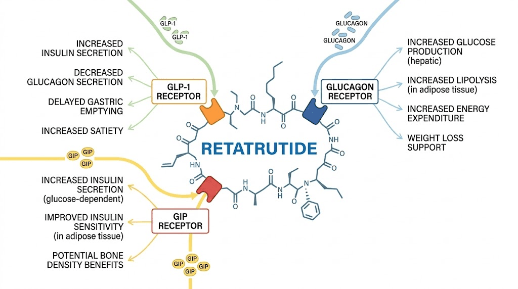 Retatrutide triple receptor mechanism of action diagram