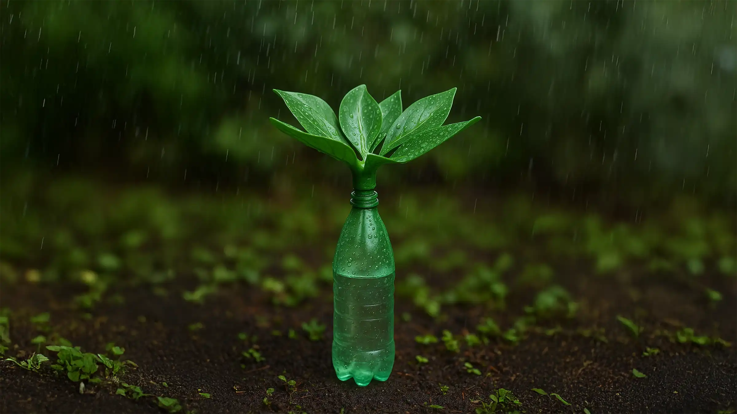 fles met regenvanger in de regen die zijn werking toont