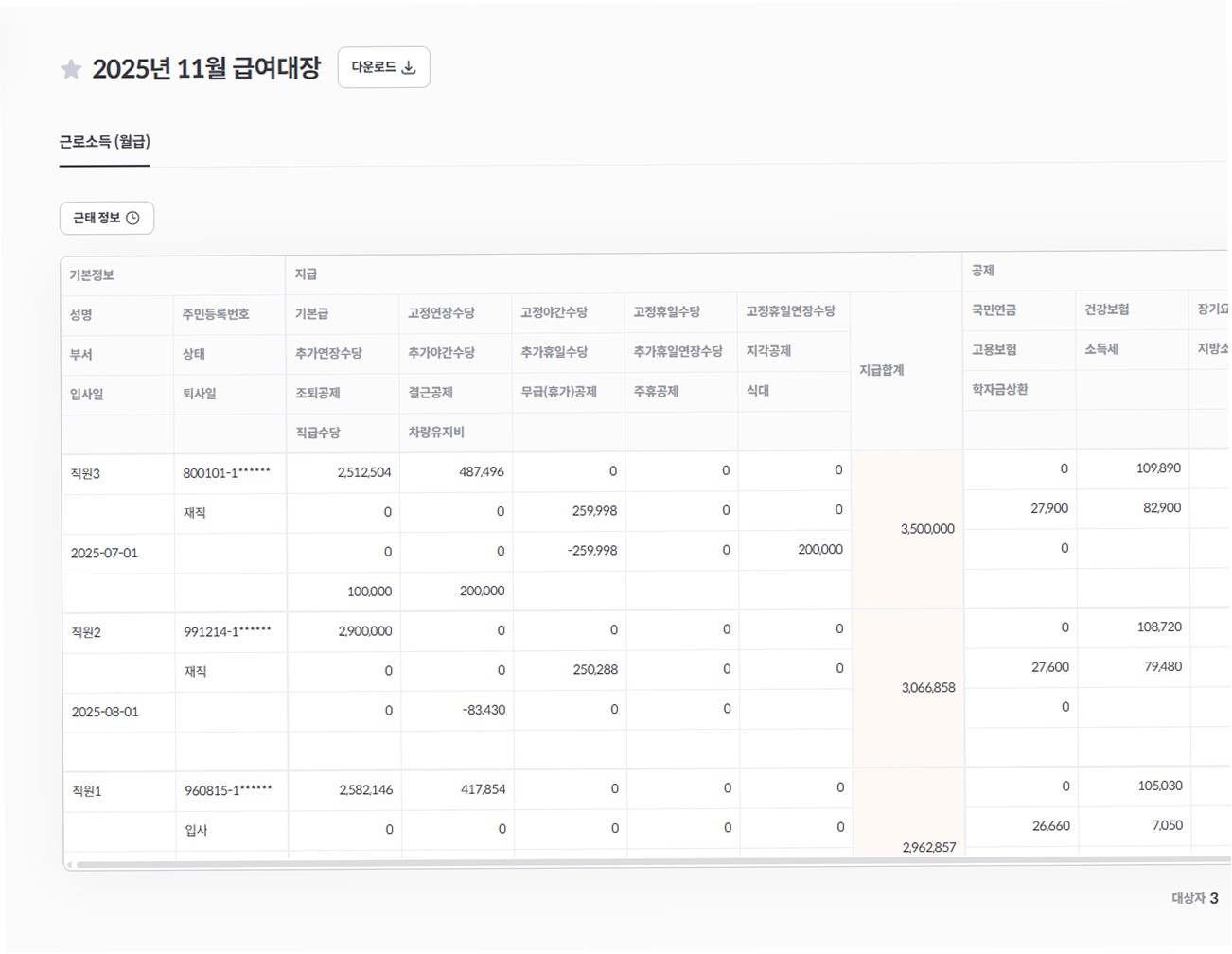 정산된 급여를 기반으로 급여명세서를 자동 발급하는 알프레드 명세서 발급 화면