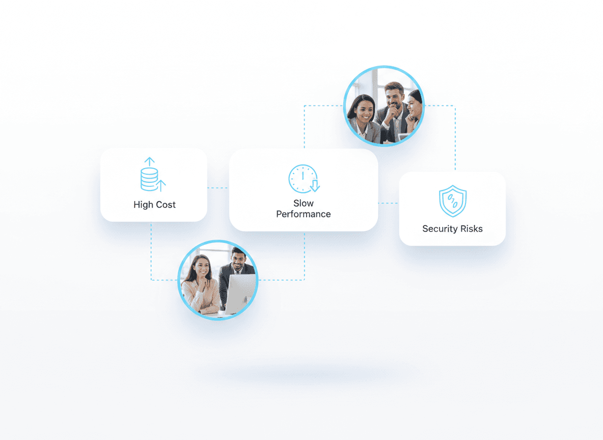 “Floating SaaS UI cards highlighting legacy application issues such as slow performance, high maintenance costs, and security risks for enterprise modernization.”