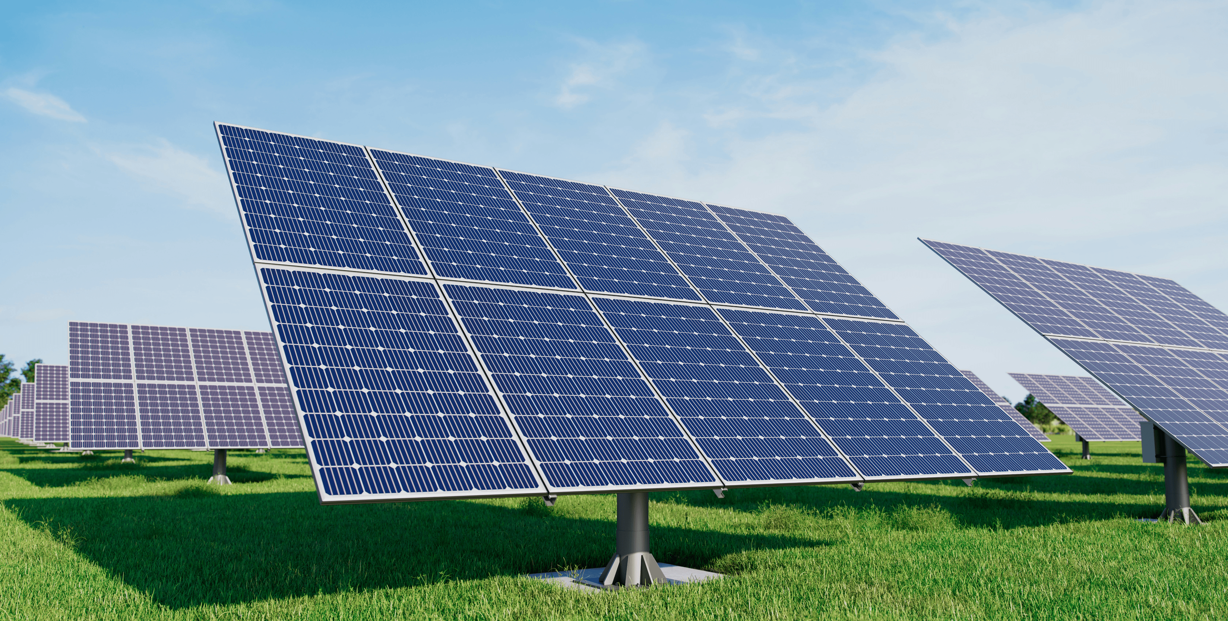 Vast solar farm with rolling hills and blue sky