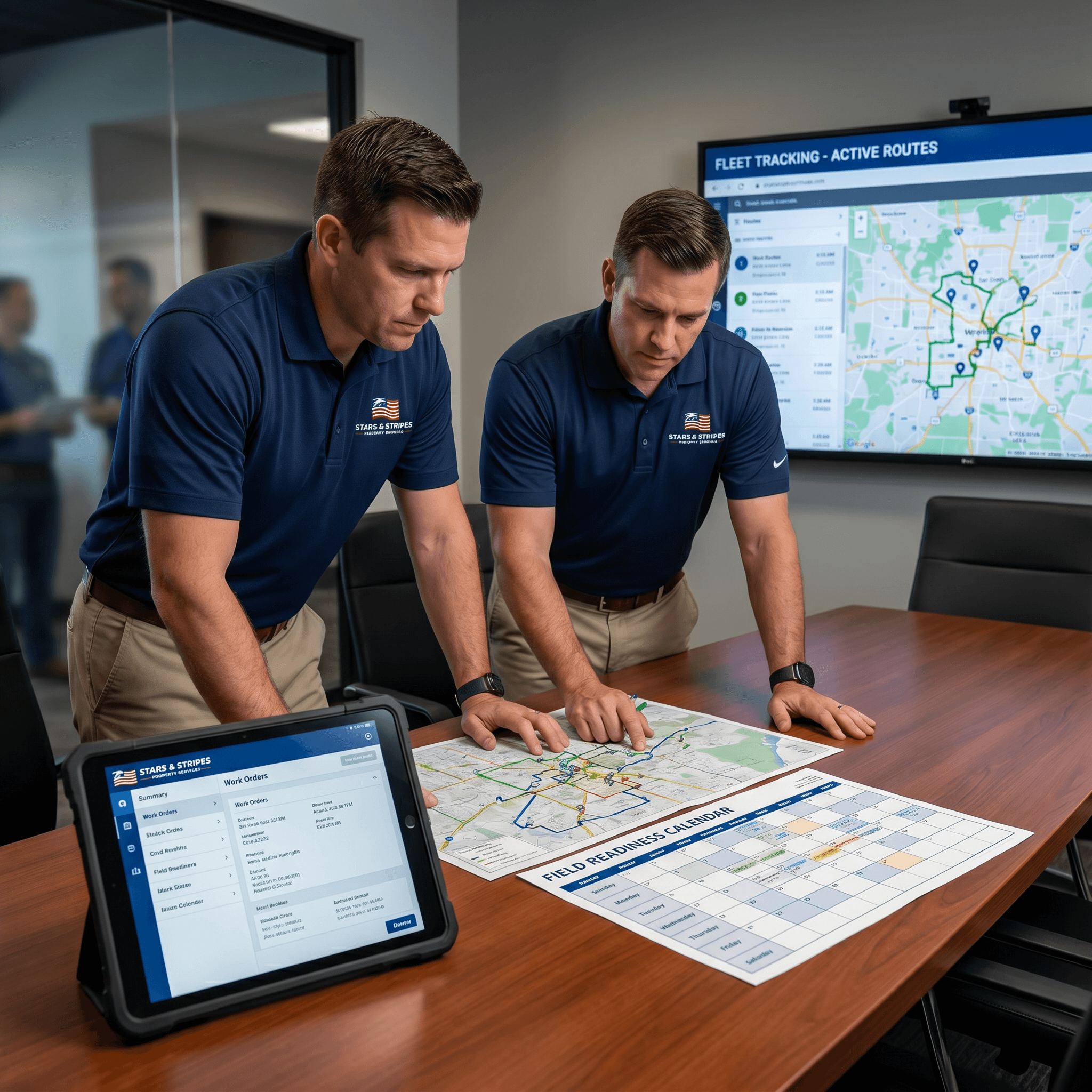 Commercial team reviewing route plans, work orders, and field readiness schedules