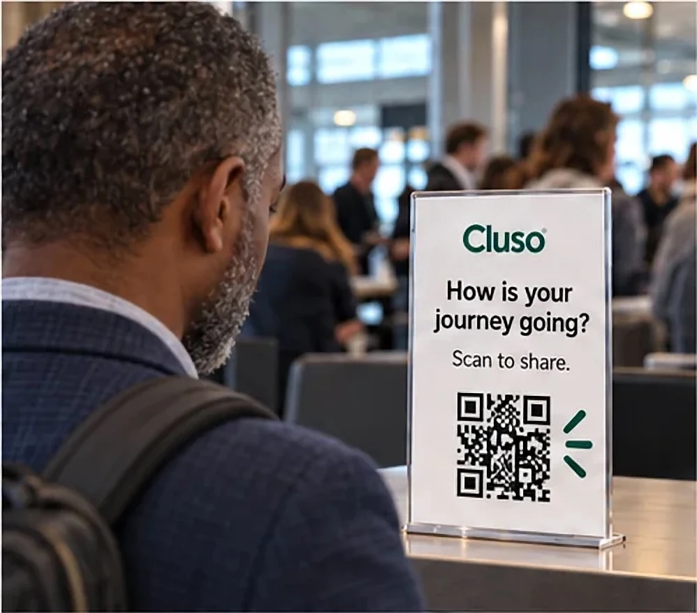 He notices a Cluso card at the gate: "How is your journey going?"