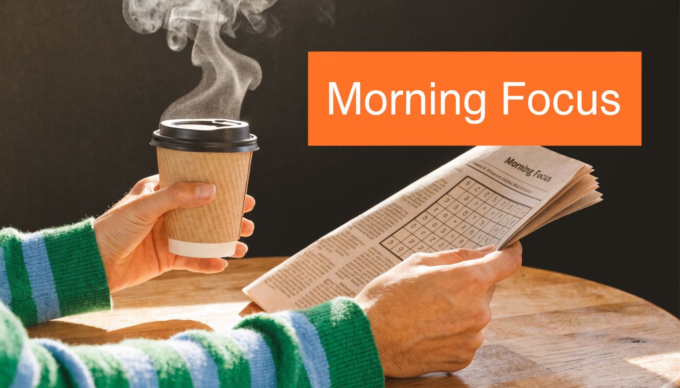 A person wearing a striped sweater holding a coffee cup while solving a sudoku puzzle in newspaper.